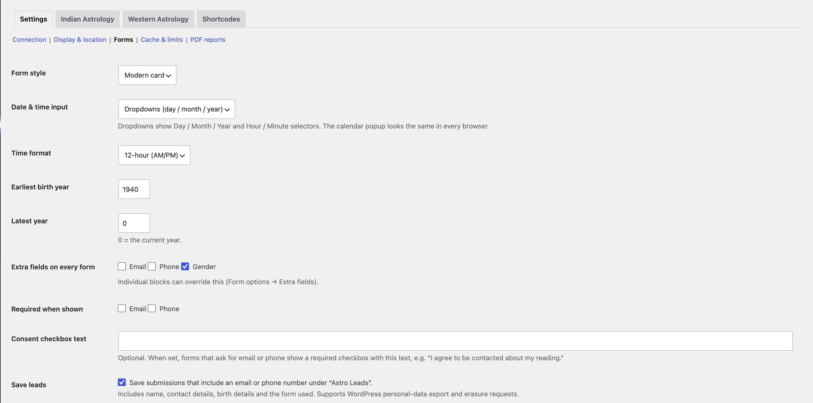 AstrologyAPI WordPress form settings for form style, date and time inputs, contact fields, consent, and lead capture